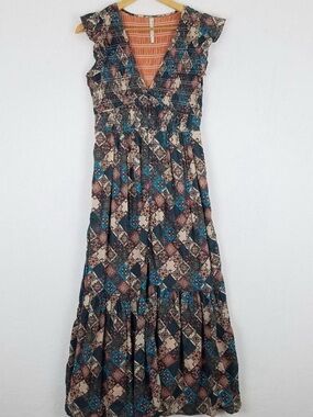 Anthropologie: Bohemian Patchwork Maxi Dress in Teal and Brown
